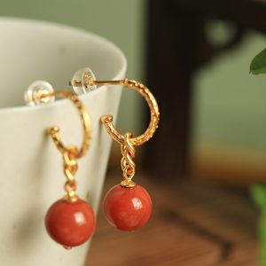 Vintage Chinese Style Red Agate Earrings for Women - Natural Southern Red Pure Silver, National Wind Design