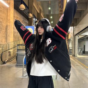 Vintage Color Block Baseball Jacket with Embroidered Letters - Loose Fit American Style for Spring - Trendy National Look