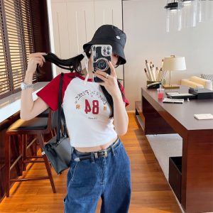 Vintage Color Block Raglan T-shirt for Women – 2023 Summer Short Sleeve Age-Reducing Top, Retro Style, Casual Fashion