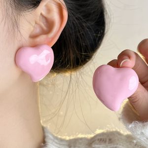 Vintage Cream Heart Stud Earrings and Ring Set - 2024 Light Luxury High-End Jewelry, Chic French Style Accessories