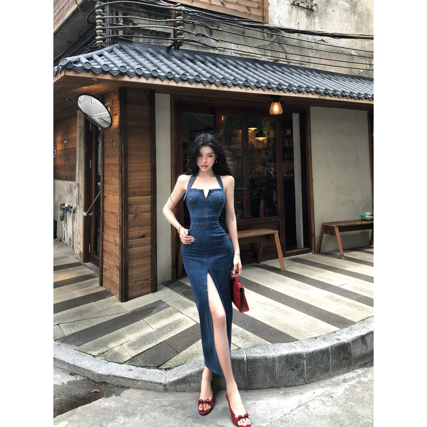 Vintage Denim Halter Neck Strapless Bodycon Dress for Women - Summer Slim Fit Split Long Skirt, Sexy Y2K Style