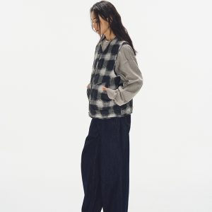 Vintage Digital Grid Print Cotton Vest for Women - Sleeveless Gourd Jacket for Autumn Winter - Retro 90s Style Waistcoat