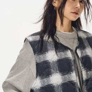 Vintage Digital Grid Print Cotton Vest for Women - Sleeveless Gourd Jacket for Autumn Winter - Retro 90s Style Waistcoat