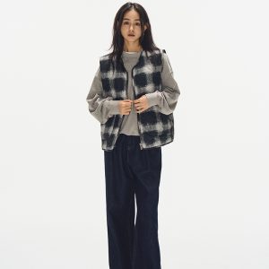 Vintage Digital Grid Print Cotton Vest for Women - Sleeveless Gourd Jacket for Autumn Winter - Retro 90s Style Waistcoat
