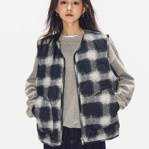 Vintage Digital Grid Print Cotton Vest for Women - Sleeveless Gourd Jacket for Autumn Winter - Retro 90s Style Waistcoat