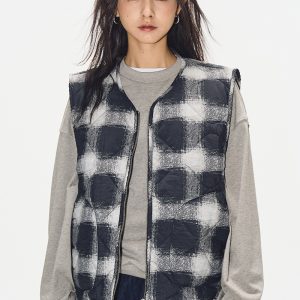 Vintage Digital Grid Print Cotton Vest for Women - Sleeveless Gourd Jacket for Autumn Winter - Retro 90s Style Waistcoat