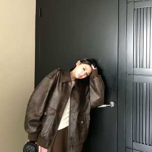 Vintage Distressed Brown Leather Motorcycle Jacket for Women - Short Coat, California Night Ride Style, Perfect for Spring Fashion
