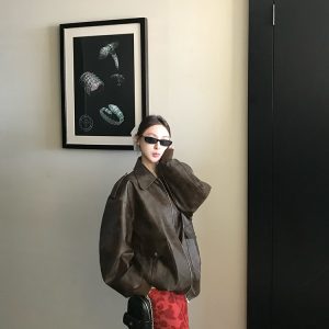 Vintage Distressed Brown Leather Motorcycle Jacket for Women - Short Coat, California Night Ride Style, Perfect for Spring Fashion