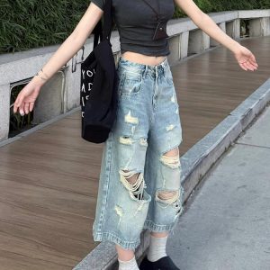 Vintage Distressed Cropped High-Waisted Wide-Leg Denim Pants for Women - Summer Slimming Straight-Leg Trousers