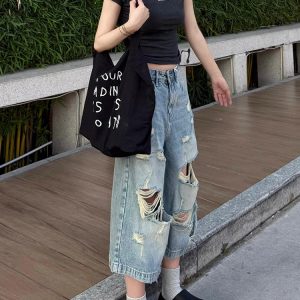 Vintage Distressed Cropped High-Waisted Wide-Leg Denim Pants for Women - Summer Slimming Straight-Leg Trousers