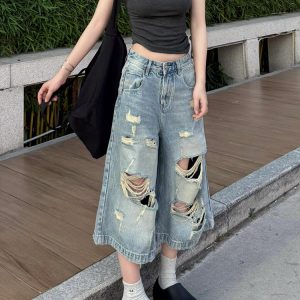 Vintage Distressed Cropped High-Waisted Wide-Leg Denim Pants for Women - Summer Slimming Straight-Leg Trousers