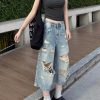 Vintage Distressed Cropped High-Waisted Wide-Leg Denim Pants for Women - Summer Slimming Straight-Leg Trousers