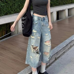 Vintage Distressed Cropped High-Waisted Wide-Leg Denim Pants for Women - Summer Slimming Straight-Leg Trousers