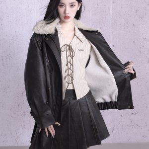 Vintage Distressed Fleece Lined Leather Jacket for Women - Double Warmth, 90s Inspired, Casual Chic, Perfect for Fall and Winter