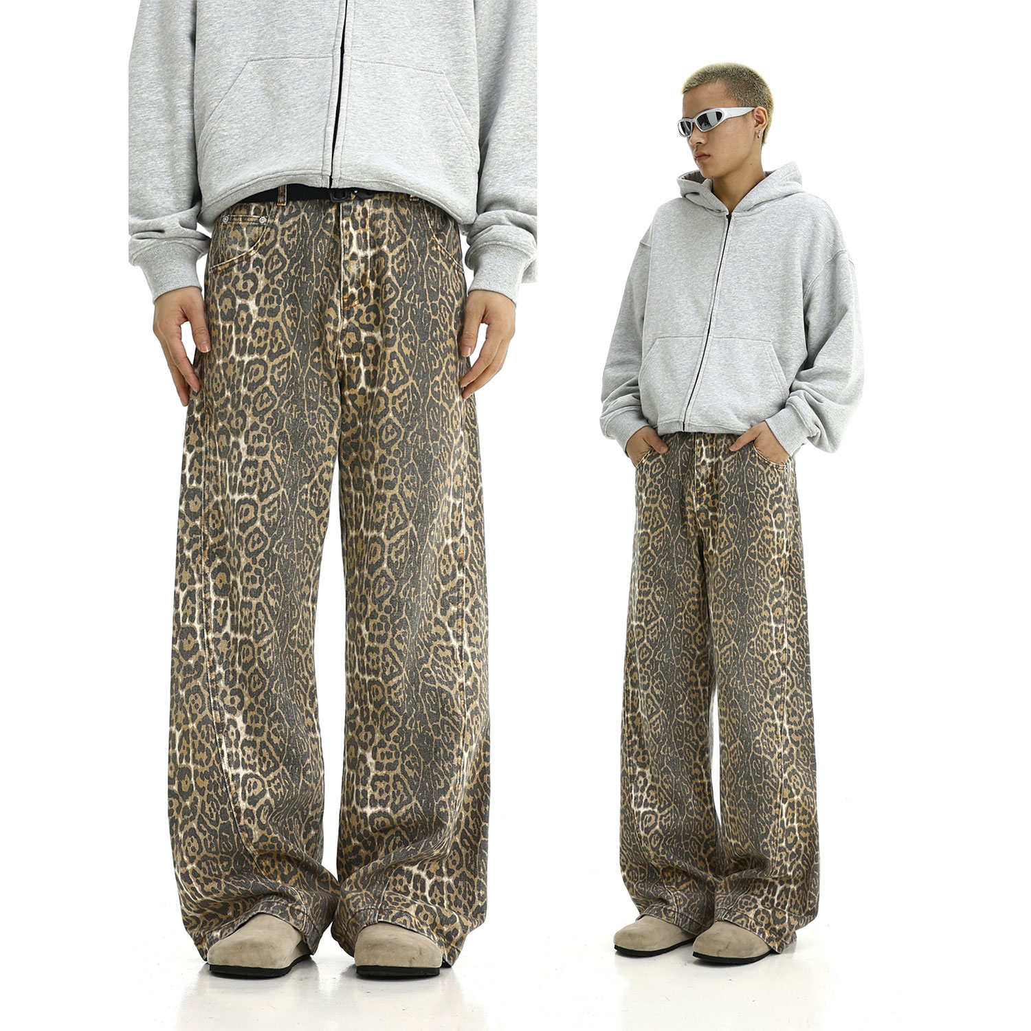 Vintage Distressed Leopard Print Denim Pants for Men and Women - Loose Straight Fit, Casual Spring Style