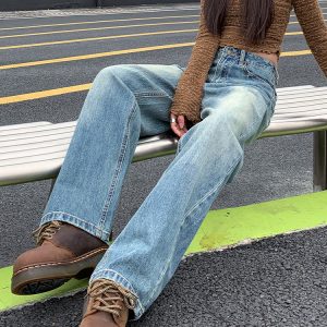 Vintage Distressed Wide-Leg Jeans for Women - High-Waisted Loose Straight-Leg Floor-Length Pants for Spring 2025