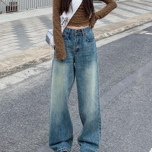 Vintage Distressed Wide-Leg Jeans for Women - High-Waisted Loose Straight-Leg Floor-Length Pants for Spring 2025