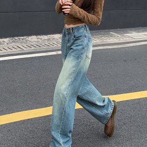 Vintage Distressed Wide-Leg Jeans for Women - High-Waisted Loose Straight-Leg Floor-Length Pants for Spring 2025