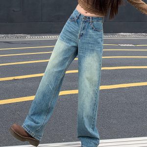 Vintage Distressed Wide-Leg Jeans for Women - High-Waisted Loose Straight-Leg Floor-Length Pants for Spring 2025