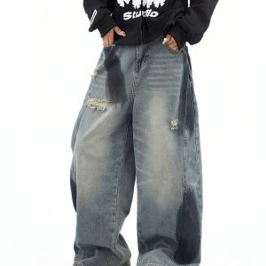 Vintage Distressed Wide-Leg Lantern Pants in American Street Graffiti Style