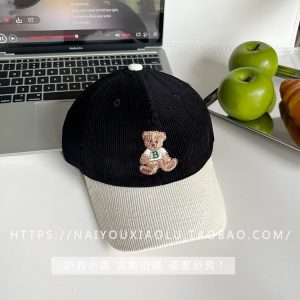 Vintage Embroidered Corduroy Duckbill Cap for Women - Cute Bear Design, Color-Blocking Baseball Cap for Autumn & Winter Couples Style