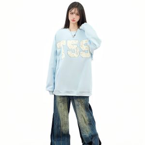 Vintage Floral Patch Round Neck Sweatshirt - Casual Loose Fit Autumn Top for Y2K and 90s Inspired Style
