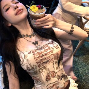Vintage Floral Waist-Defining Dress for Women with Cropped Cami Top - 90s Inspired Milk Royal Little Mustang Design