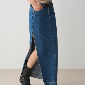 Vintage Frayed Denim Midi Skirt for Women, Slimming Side Slit, Straight Cut, Versatile 90s Style Fashion