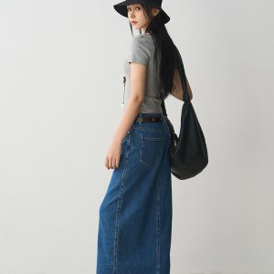 Vintage Frayed Denim Midi Skirt for Women, Slimming Side Slit, Straight Cut, Versatile 90s Style Fashion