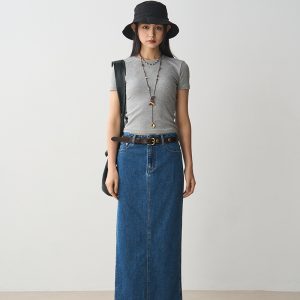 Vintage Frayed Denim Midi Skirt for Women, Slimming Side Slit, Straight Cut, Versatile 90s Style Fashion