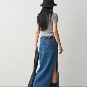 Vintage Frayed Denim Midi Skirt for Women, Slimming Side Slit, Straight Cut, Versatile 90s Style Fashion