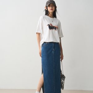 Vintage Frayed Denim Midi Skirt for Women, Slimming Side Slit, Straight Cut, Versatile 90s Style Fashion