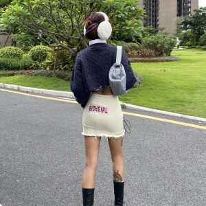 Vintage Frayed Tie-Up Bodycon Mini Skirt with Letter Embroidery - Trendy Denim Skirt for Women, Hot Girl American Style Fashion