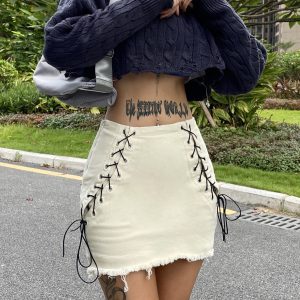 Vintage Frayed Tie-Up Bodycon Mini Skirt with Letter Embroidery - Trendy Denim Skirt for Women, Hot Girl American Style Fashion
