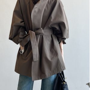 Vintage French Mid-Length Trench Coat for Women - Loose Fit, Casual Stand Collar, Spring Autumn 2025 Fashion