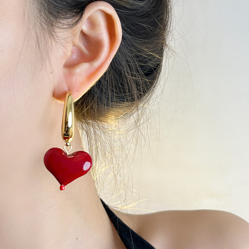 Vintage French Red Heart Pendant Earrings for Women - Unique Heart-Shaped Studs, Charming Feminine Style for 2024 Fashion