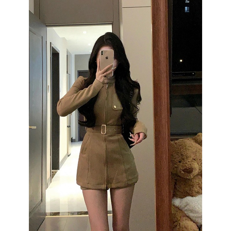 Vintage French Stand Collar Suede Dress Coat for Women - Slim Waist, Hip-Hugging Short Skirt Suit, Spicy Girl Workwear for Winter