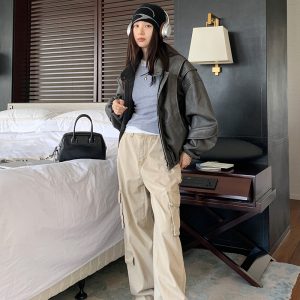 Vintage Gray Heavy-Duty Structured Leather Motorcycle Jacket for Women, Designer PU Leather Outerwear, 90s Inspired Fashion