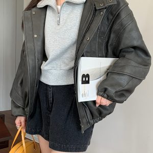 Vintage Gray Heavy-Duty Structured Leather Motorcycle Jacket for Women, Designer PU Leather Outerwear, 90s Inspired Fashion