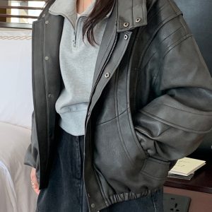 Vintage Gray Heavy-Duty Structured Leather Motorcycle Jacket for Women, Designer PU Leather Outerwear, 90s Inspired Fashion