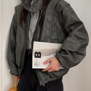 Vintage Gray Heavy-Duty Structured Leather Motorcycle Jacket for Women, Designer PU Leather Outerwear, 90s Inspired Fashion