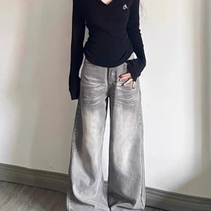 Vintage Gray Wide-Leg Jeans for Women - Summer Washed Distressed Loose Straight Pants for Pear-Shaped Figures, Trendy 90s Style