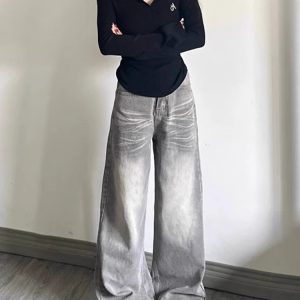 Vintage Gray Wide-Leg Jeans for Women - Summer Washed Distressed Loose Straight Pants for Pear-Shaped Figures, Trendy 90s Style