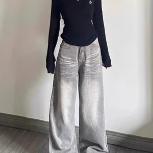 Vintage Gray Wide-Leg Jeans for Women - Summer Washed Distressed Loose Straight Pants for Pear-Shaped Figures, Trendy 90s Style