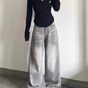 Vintage Gray Wide-Leg Jeans for Women - Summer Washed Distressed Loose Straight Pants for Pear-Shaped Figures, Trendy 90s Style
