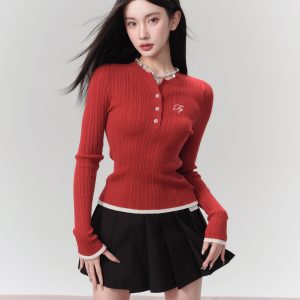 Vintage Henley Neck Knitted Base Layer Slim Fit Pullover for Women - Summer Casual Fashion, American Style, Hot Girl Aesthetic