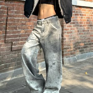 Vintage High Street Distressed Snake Print Tie-Dye Wide-Leg Jeans for Women - Trendy 90s Inspired Loose Fit Denim Pants