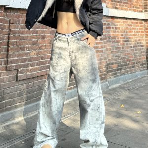 Vintage High Street Distressed Snake Print Tie-Dye Wide-Leg Jeans for Women - Trendy 90s Inspired Loose Fit Denim Pants