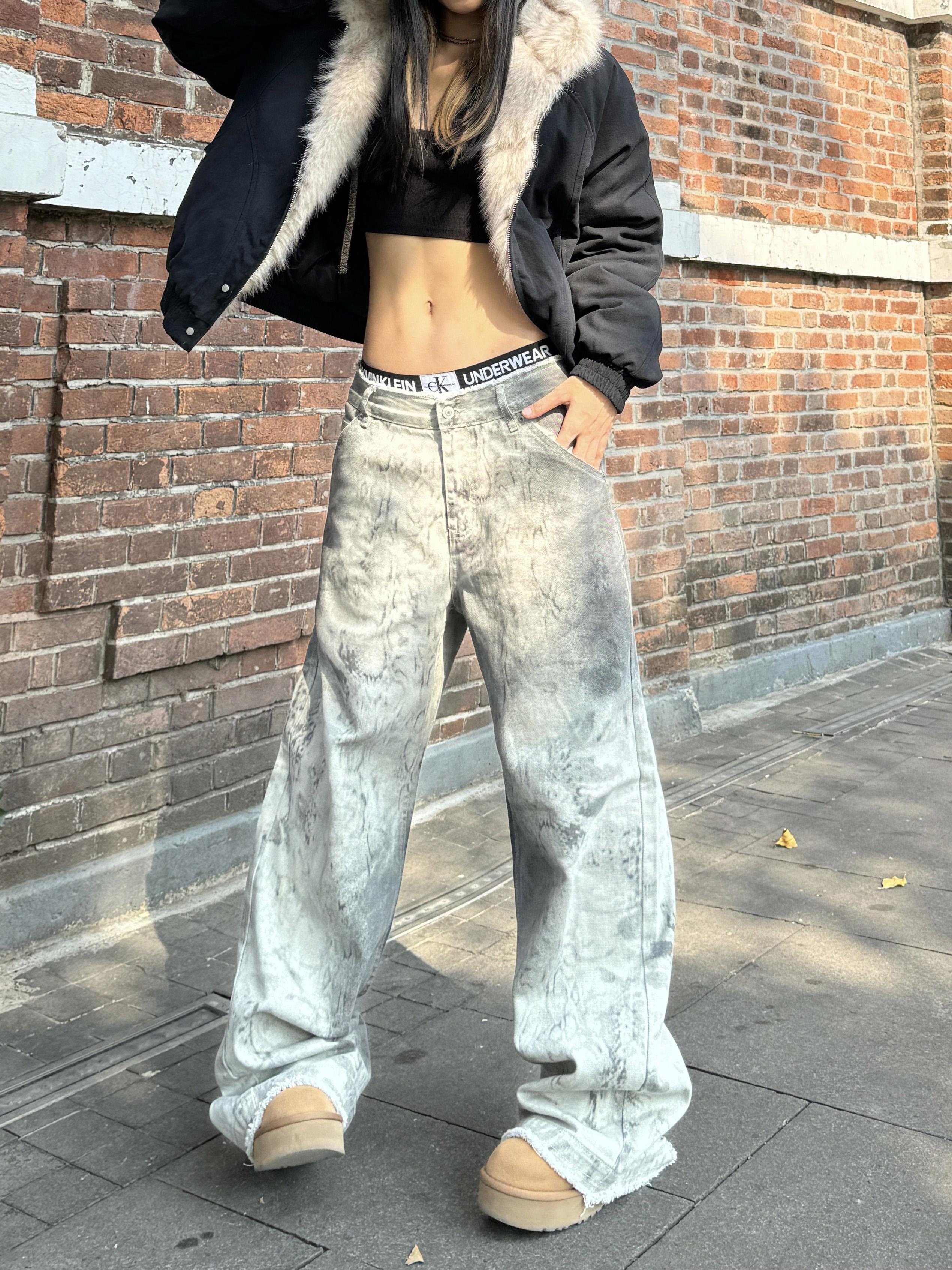 Vintage High Street Distressed Snake Print Tie-Dye Wide-Leg Jeans for Women - Trendy 90s Inspired Loose Fit Denim Pants