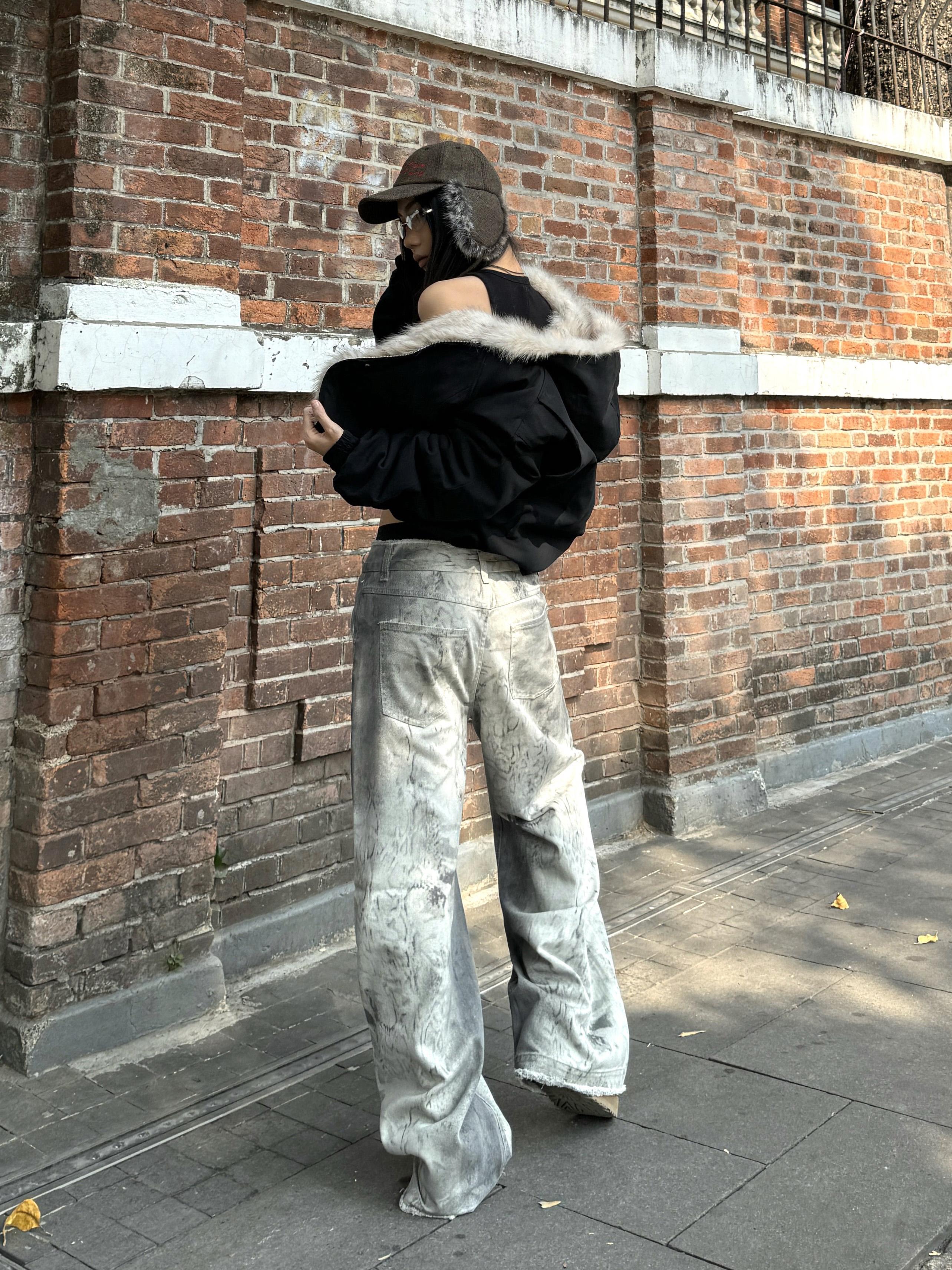 Vintage High Street Distressed Snake Print Tie-Dye Wide-Leg Jeans for Women - Trendy 90s Inspired Loose Fit Denim Pants